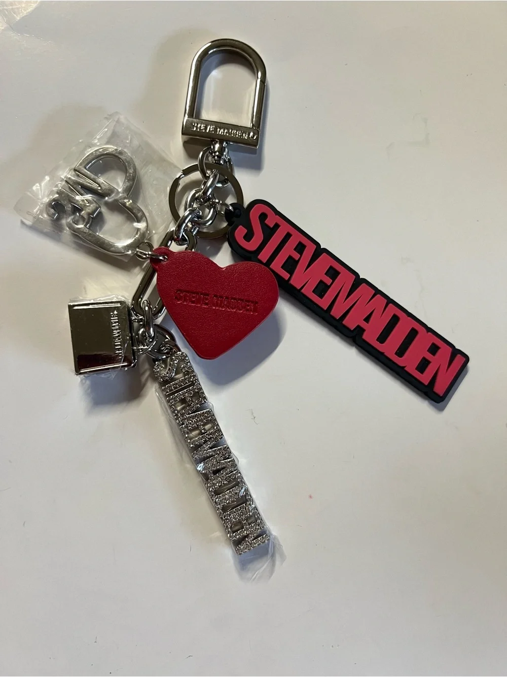 Steve Madden Red and Silver Logo Heart Keychain